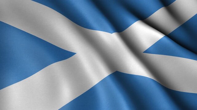 Animated looping flag of Scotland waving in smooth wind motion, seamless fabric texture, blue field with white saltire cross, cinematic patriotic background, realistic cloth animation loop