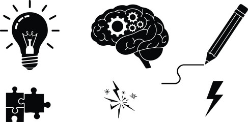 Flat design symbolic icon set with light bulb brain pencil puzzle spark and lightning in black silhouette grid on white background suitable for conceptual use branding
