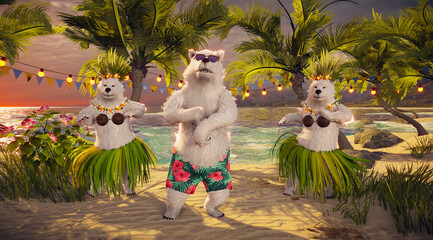 3D Render of Polar Bears Dancing on Tropical Beach at Sunset, Romantic Travel Getaway with Exotic Island, Palm Trees, Ocean Waves, Paradise Holiday, Ideal for Love, Honeymoon, and Valentine&rsquo;s Day.