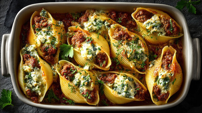 A mouthwatering image of jumbo pasta shells filled with a rich and savory mixture. They are beautifully arranged in a baking dish, ready to be enjoyed