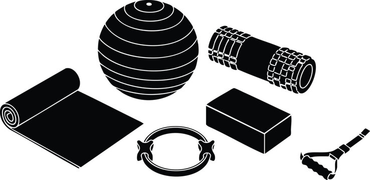 Flat vector silhouette close up top view pilates and yoga equipment set featuring exercise mat stability ball foam roller ring block and resistance handle black shapes