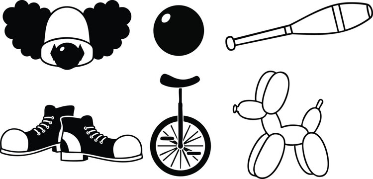 Flat line art circus icons set featuring clown wig big shoes unicycle balloon dog juggling club round ball isolated black and white playful composition simple outline