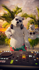 3D Render of Polar Bears on Tropical Beach: Hawaiian Sunset Party with DJ & Hula Dance. Ideal for Romantic Travel, Tropical Holidays, and Valentine&rsquo;s Day.