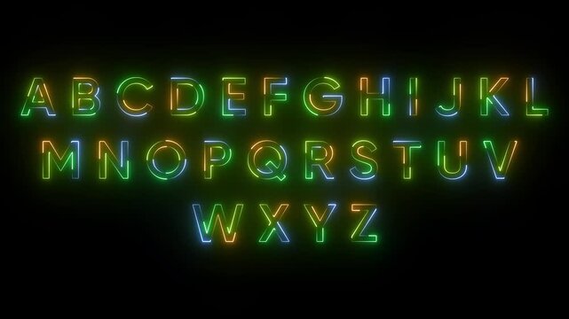 Neon alphabet letters glowing in rainbow colors on black background