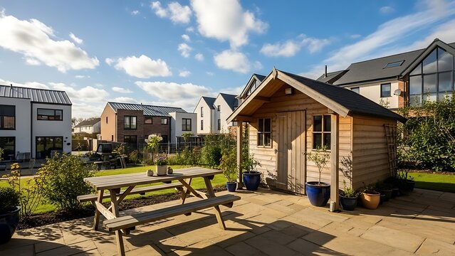 Detailed View of Backyard area with picnic table and wooden shed in patio and houses against blue sky during sunny day in High Quality Stock Photography