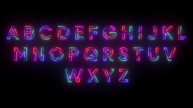Neon alphabet letters, colorful ABC, glowing pink and blue letters on black background