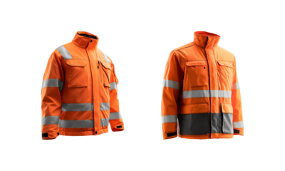 Two Orange High-Visibility Work Jacket with Reflective Strips on transparent background