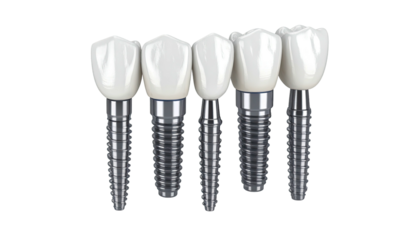 Close-up view of five artificial teeth dental implants against a black background