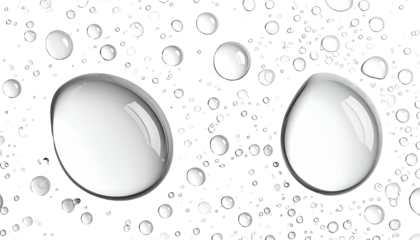 Close-up view of clear, shiny water droplets on a dark background