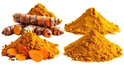 Close-up view of fresh and powdered spice, arranged on a dark background