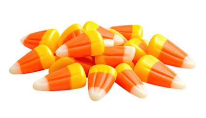Close-up view of Halloween candy corn pile, with white, orange and yellow colors