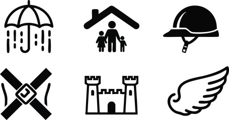 Flat design minimalist icon set showing umbrella with rain and family under roof helmet with strap seatbelt castle and wing bold stroke symbols in monochrome landscape