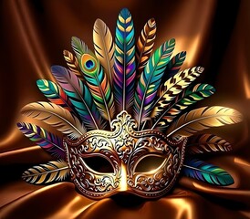 Beautiful gilded Mardi Gras mask with colored feathers