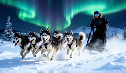sled with dogs runs against the backdrop of the Northern Lights