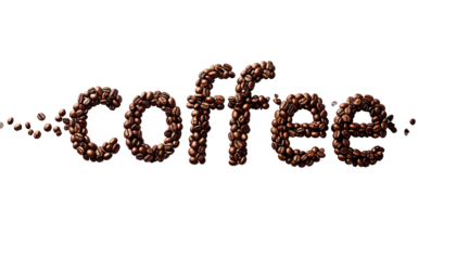 Coffee beans artfully arranged to spell "coffee" against a stark black background