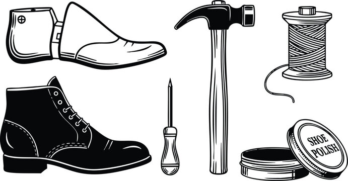Line art close up leather boot and shoe last with hammer screwdriver thread spool open shoe polish tin cobbler tools on white background minimal monochrome vintage