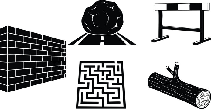 Flat design black maze and road boulder icon set with brick wall hurdle and log obstacles viewed from perspective low angle minimal vector silhouette high contrast