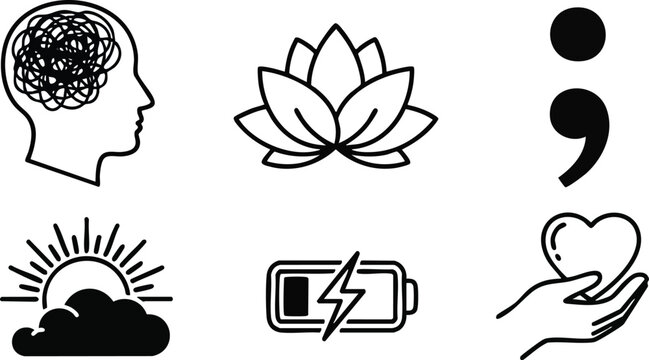 Minimalist line icon set mental health symbols head lotus semicolon sunrise charging battery hand holding heart simple medical wellness concept monochrome outline flat isolated scalable vector