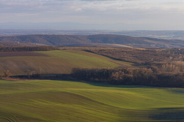View of rolling fields and vineyards near Klentnice, South Moravia. Picturesque Palava agricultural...