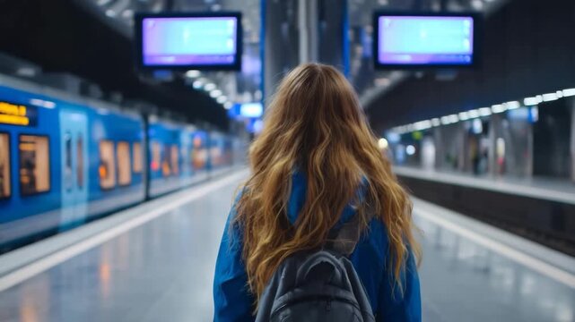 Young Woman Backpacker Waiting at Train Station Platform