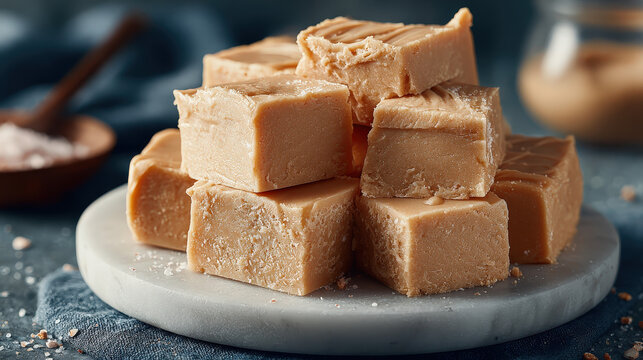 A stack of delicious fudge presented beautifully on a marble tray. These fudge squares showcase their delightful texture and tempting appeal