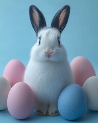Obraz premium An adorable rabbit sits among pastel-colored Easter eggs, creating a heartwarming and playful scene that embodies the joy and spirit of Easter celebrations.
