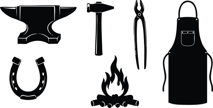 Flat silhouette vector blacksmith tools top view anvil hammer tongs horseshoe apron camp fire logs workshop scene high contrast minimal close up leather pocket rivets traditional