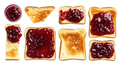Collection of assorted toast variations with vibrant red fruit preserves on a black backdrop