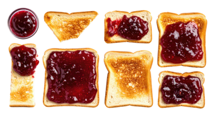 Collection of assorted toast variations with vibrant red fruit preserves on a black backdrop