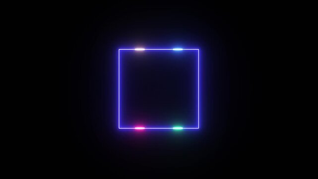 live streaming neon text frame animation. Neon glowing colourful color square rectangle picture frame icon animation border frame shape rotating display screen. on a black background