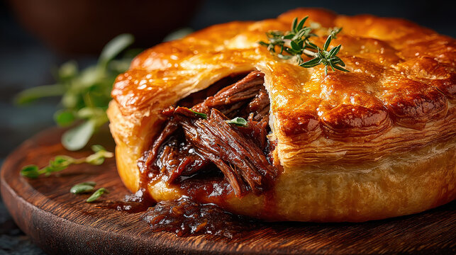 A savory beef pie with a golden, flaky crust, beautifully presented - Powered by Adobe