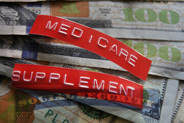 Medicare Supplement label on hundred dollar bills with Social Security card