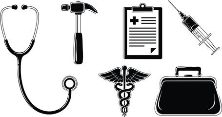 Flat design black medical icons set showing stethoscope syringe clipboard reflex hammer caduceus symbol and doctor bag arranged in a row with bold outline clean minimal