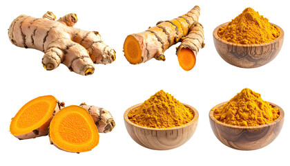 Collection of turmeric rhizomes and vibrant yellow powder in wooden bowls