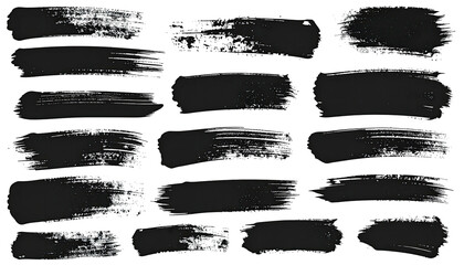 Collection of various brushstrokes in dark grey with rough edges, layered on a black background