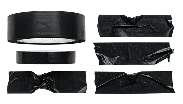 Collection of various black tape pieces and a roll, isolated on a stark black background