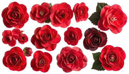 Collection of vibrant red camellia flowers in various stages against a stark, black backdrop