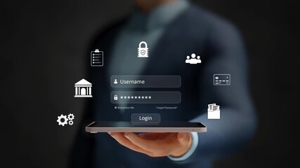 Cybersecurity Concept. Secure Login, Data Protection, Online Safety, Online Banking and Payments, Digital Trust Assurance. User Logging Into Secure Account with Username and Password. 3D Video - Powered by Adobe