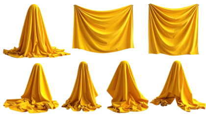 Collection of yellow draped fabrics in varying arrangements, isolated on black