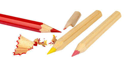 Colored pencils with shavings on a transparent background for design and art concepts