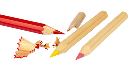 Colored pencils with shavings on a transparent background for design and art concepts