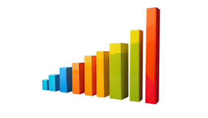 Colorful, 3D bar graph ascending in height against a stark black background