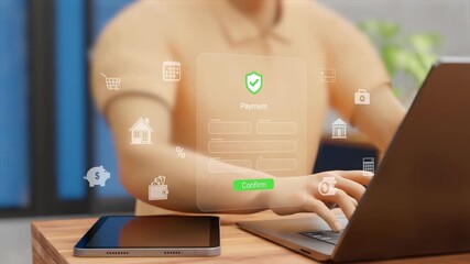 Digital Banking and Internet Payment. Fintech, Secure Online Transactions, Insurance, Subscriptions, Expenses, Payment Gateways. Businessman with Virtual Screen for Online Shopping, Banking. 3D Video