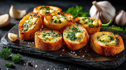 Delicious garlic bread with fresh parsley, presented on a dark stone