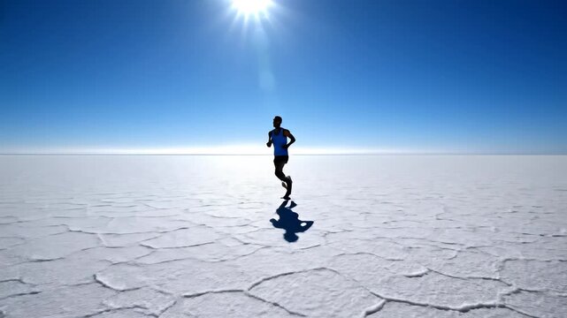 A lone runner glides over the stunning salt flat, surrounded by expansive blue skies. Sunlight sparkles off the white surface, creating a peaceful yet invigorating atmosphere.