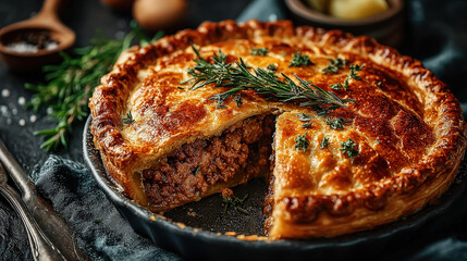 Delicious and flavorful meat pie with a golden crust, beautifully presented and ready to eat