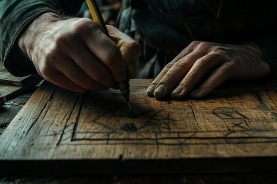 Close-up of hands measuring and marking wood - Powered by Adobe