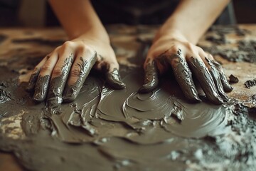 Hands creating deep impressions in wet clay
