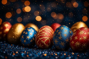 A striking collection of elaborately decorated eggs shines brightly against a bokeh background, radiating festive spirit and elegance while symbolizing creativity and celebration during the holiday s