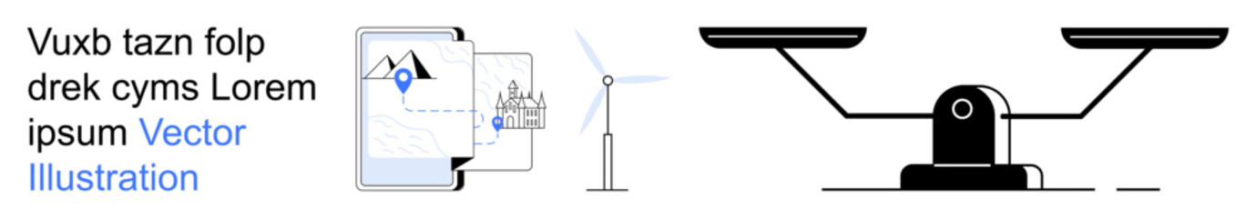 Renewable energy, technology, sustainability, decision-making, balance, innovation. A map, wind turbine and weighing scale are . Renewable energy and technology capture the core idea